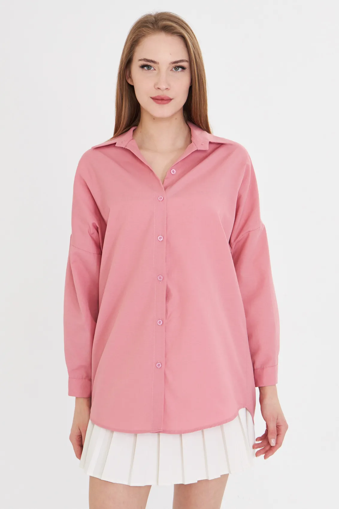 ARM-22Y001118 Açık Pembe Oversize Uzun Basic Gömlek