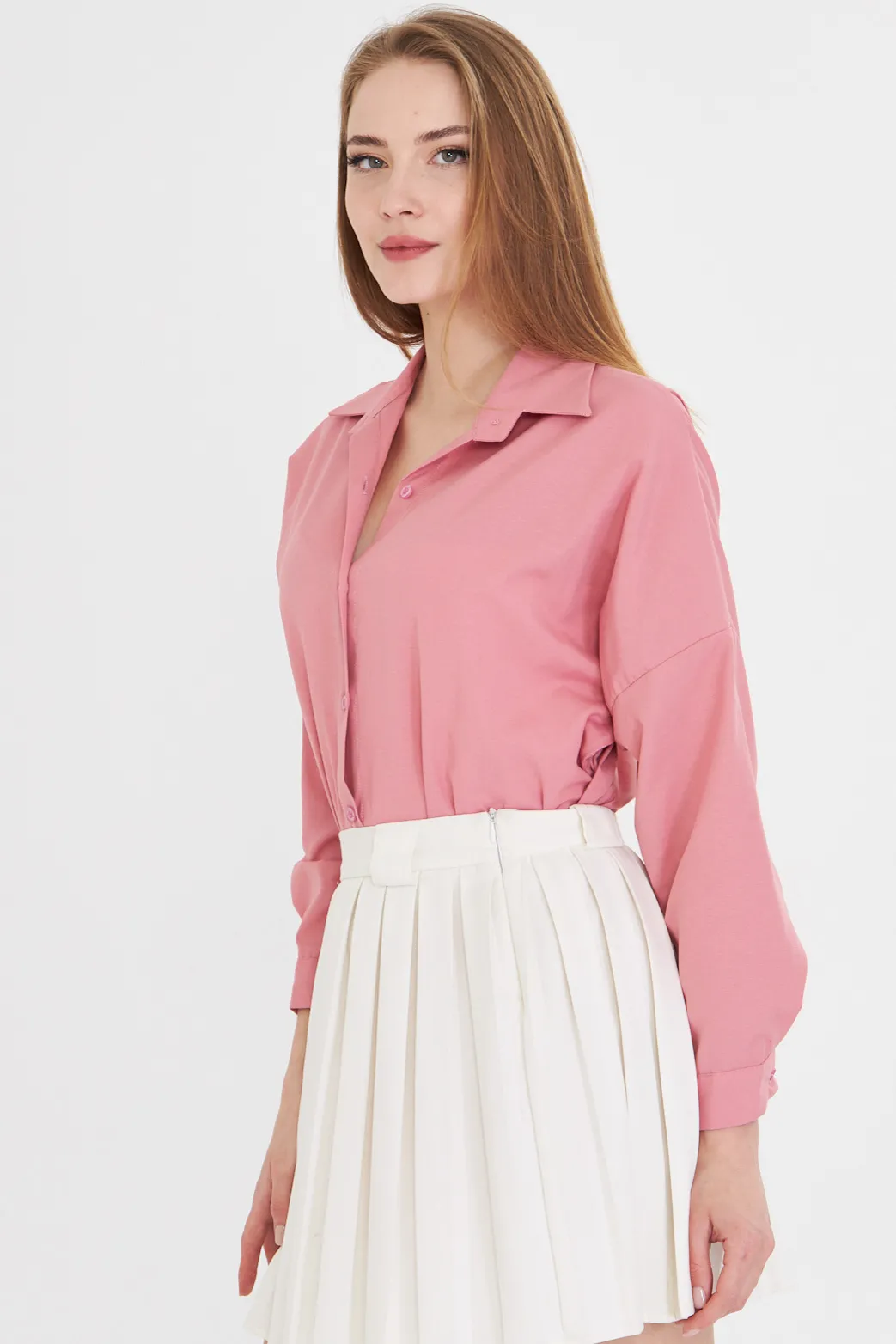 ARM-22Y001118 Açık Pembe Oversize Uzun Basic Gömlek