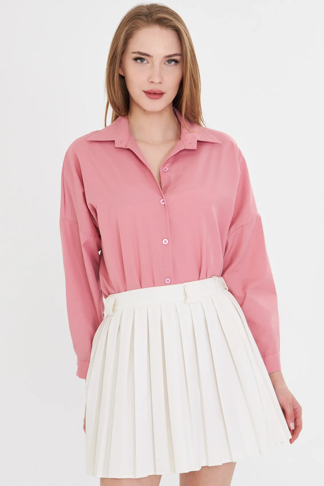 ARM-22Y001118 Açık Pembe Oversize Uzun Basic Gömlek