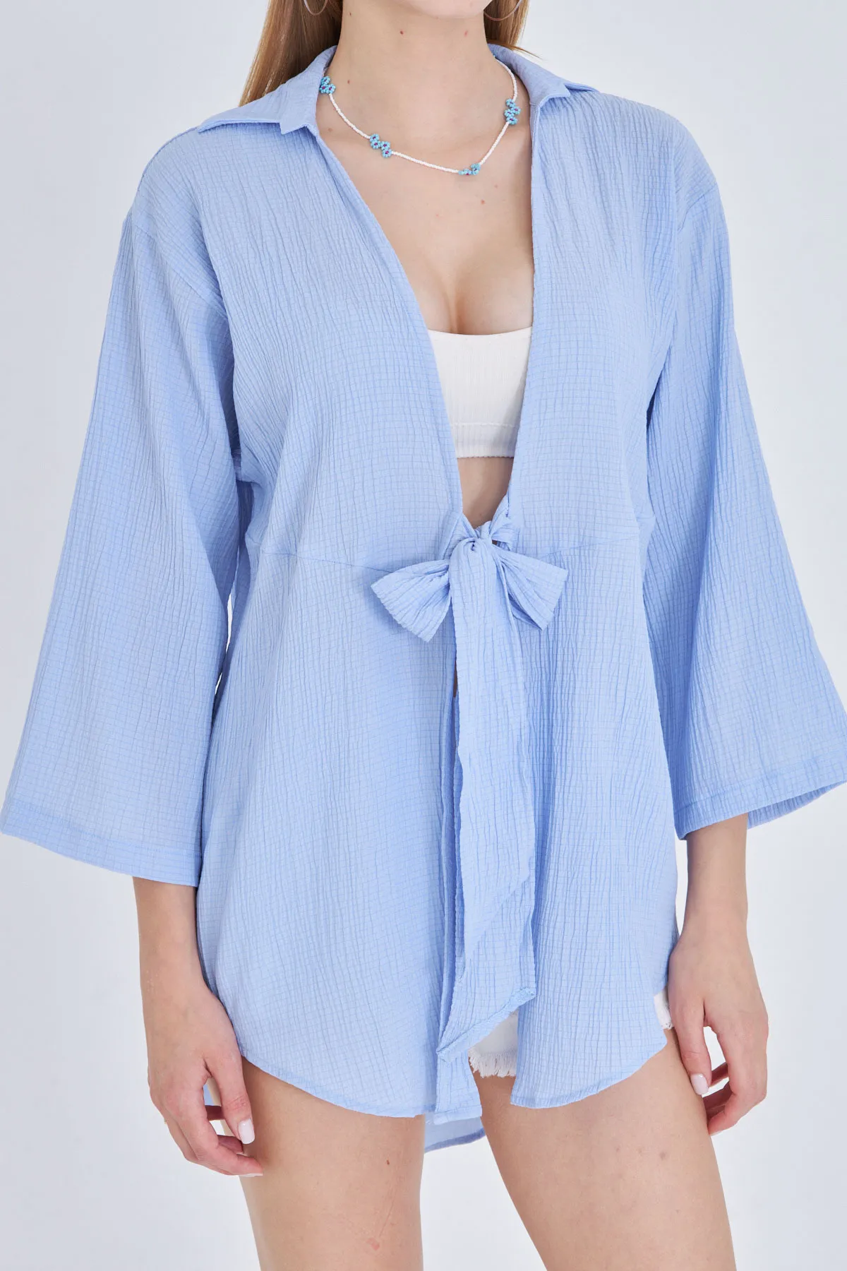 ARM-24Y001063 Bebe Mavi Keten Görünümlü Önden Bağlamalı Kimono Gömlek