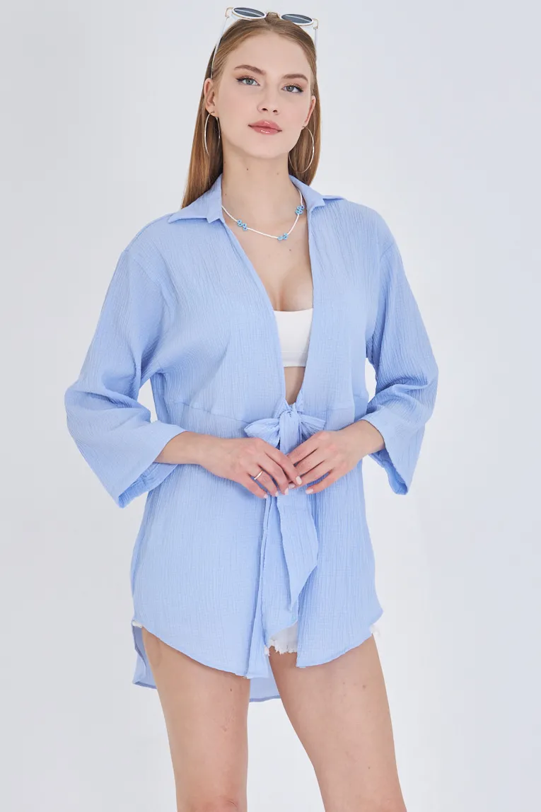 ARM-24Y001063 Bebe Mavi Keten Görünümlü Önden Bağlamalı Kimono Gömlek