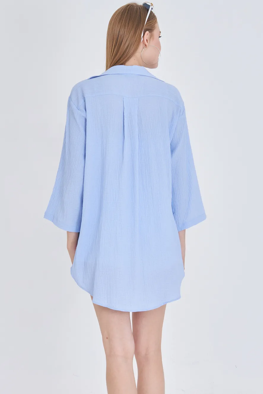 ARM-24Y001063 Bebe Mavi Keten Görünümlü Önden Bağlamalı Kimono Gömlek