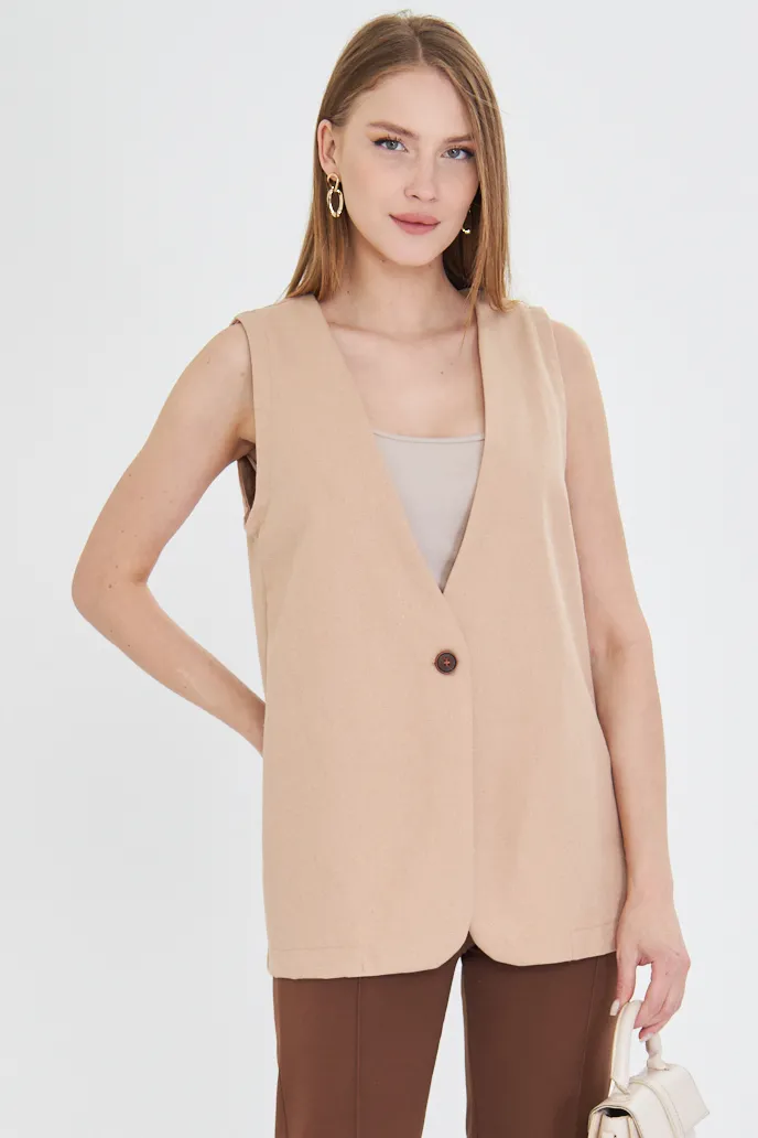 ARM-25Y001036 Bej V Yaka Tek Düğme Oversize Yelek