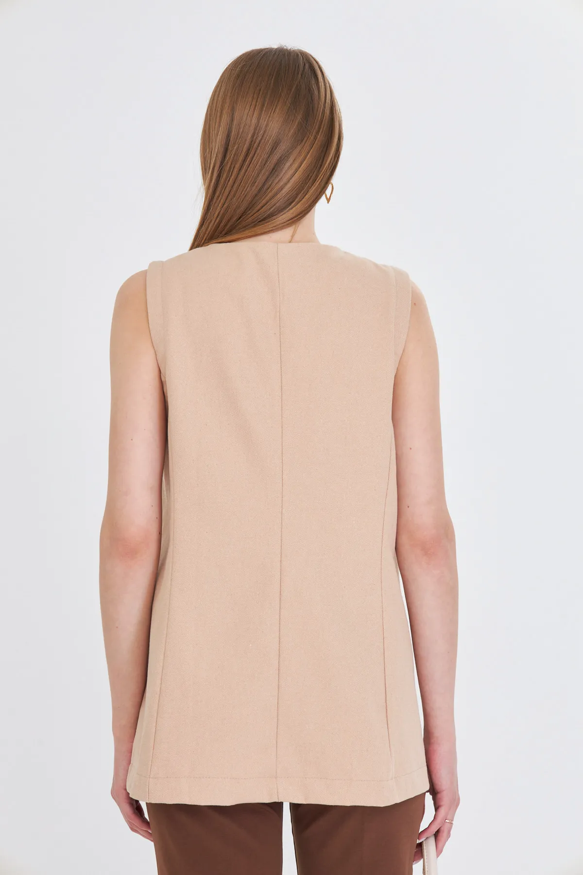 ARM-25Y001036 Bej V Yaka Tek Düğme Oversize Yelek