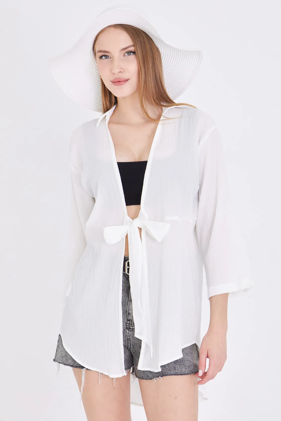 ARM-24Y001063 Beyaz Keten Görünümlü Önden Bağlamalı Kimono Gömlek