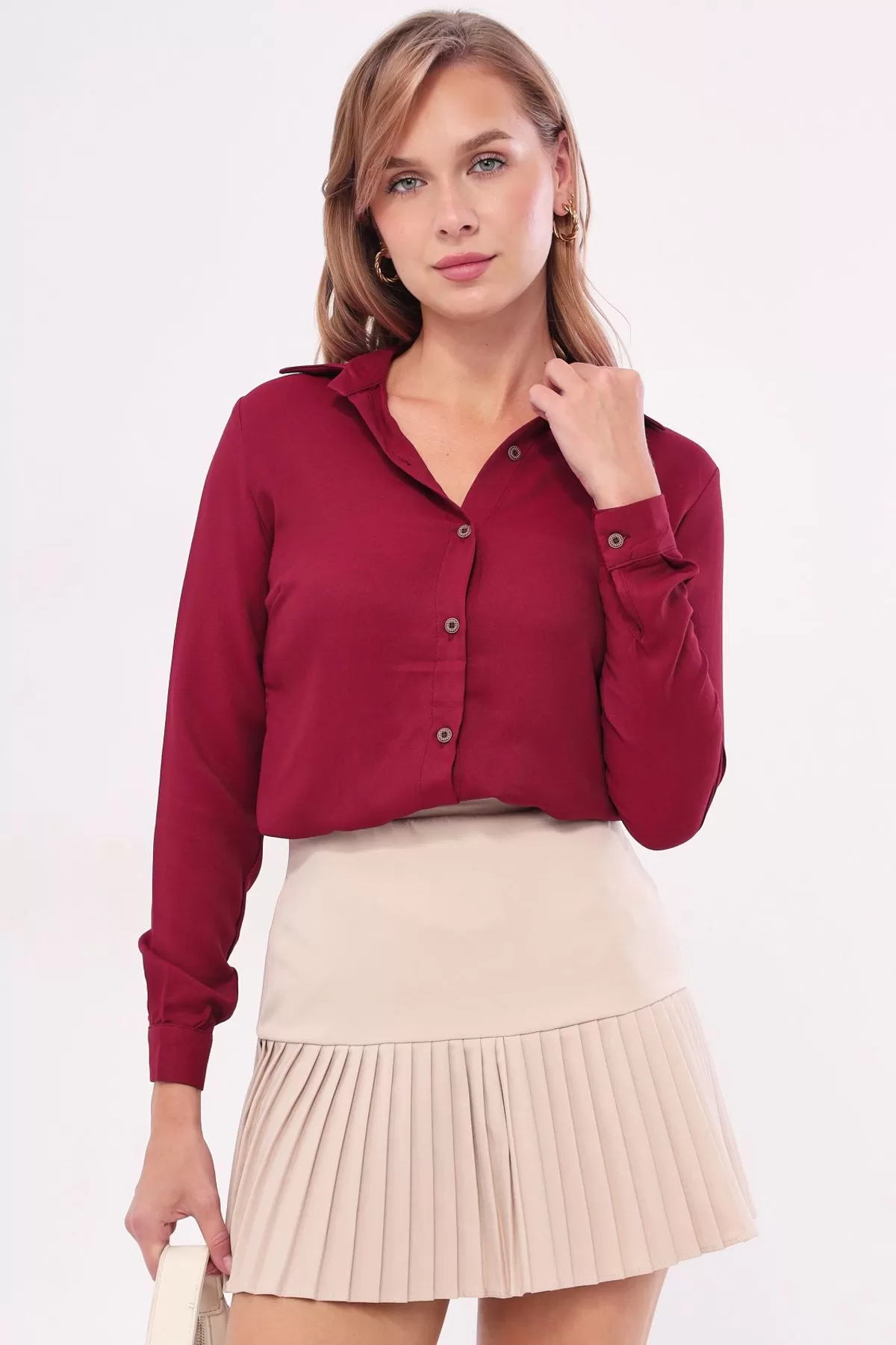 ARM-18Y001176 Bordo Uzun Kollu Düz Gömlek