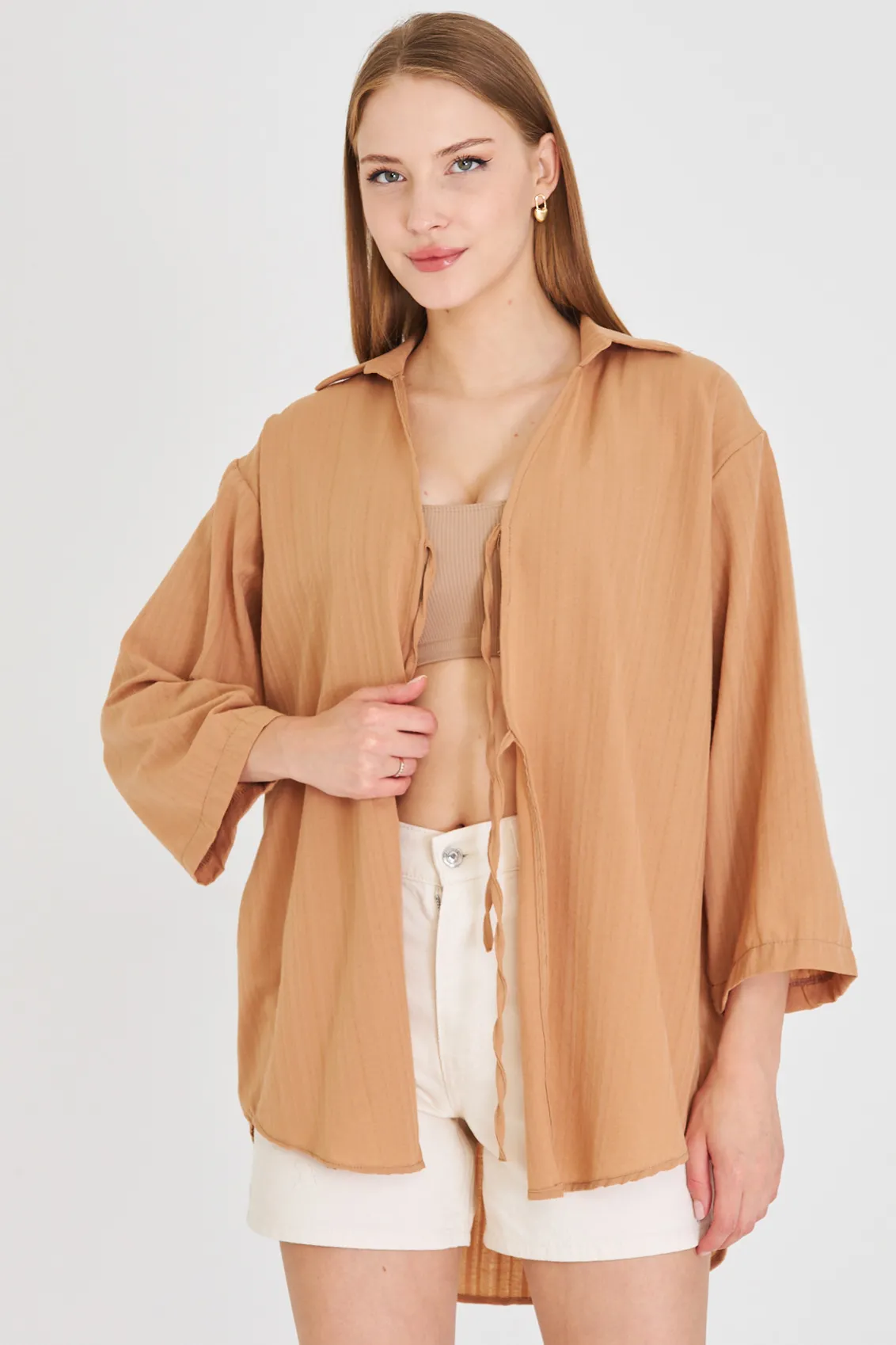 ARM-25K001006 Camel Gömlek Yakalı Önden Bağcıklı Kimono Gömlek