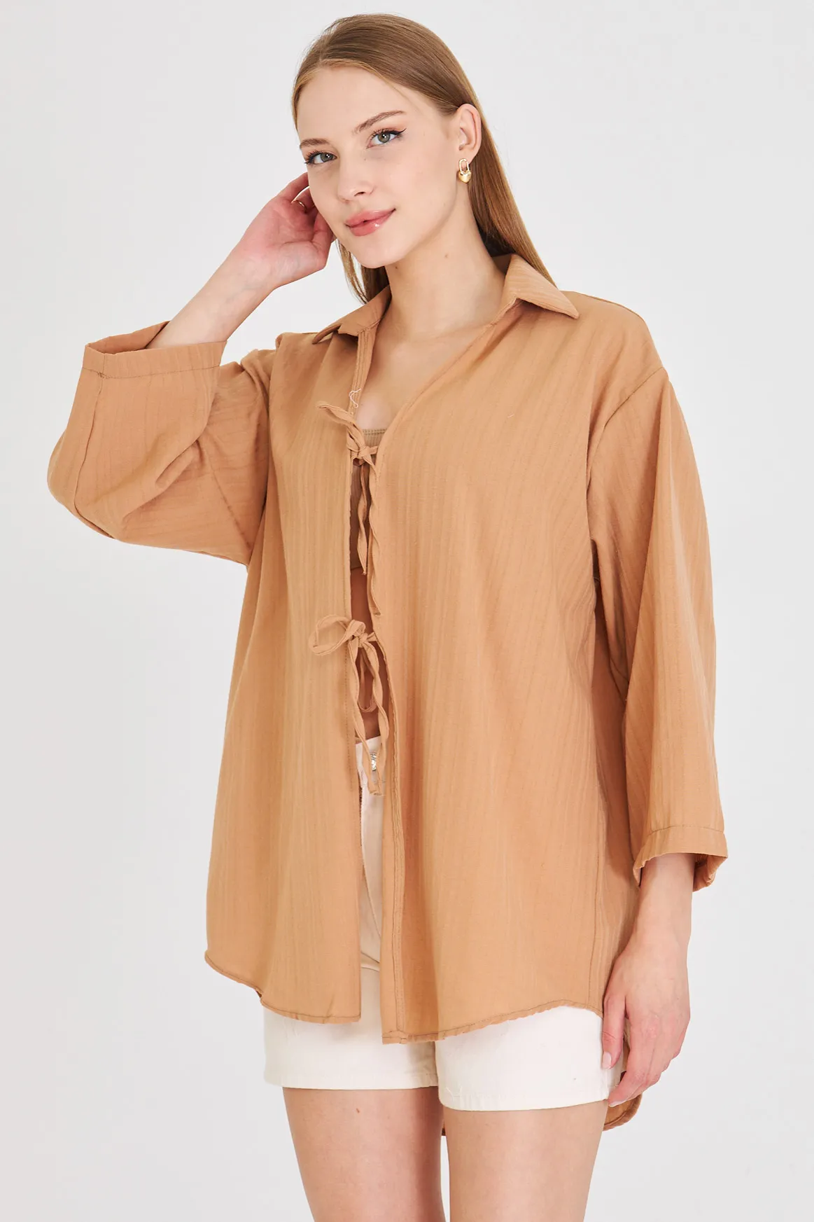 ARM-25K001006 Camel Gömlek Yakalı Önden Bağcıklı Kimono Gömlek