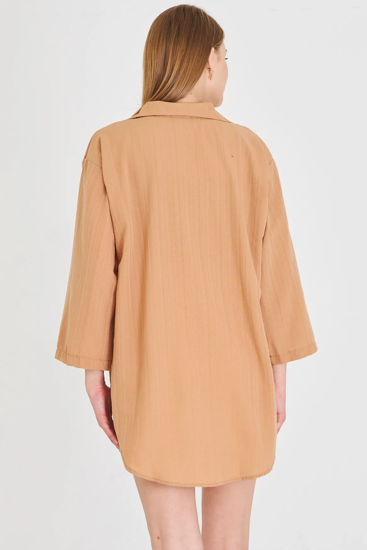 ARM-25K001006 Camel Gömlek Yakalı Önden Bağcıklı Kimono Gömlek