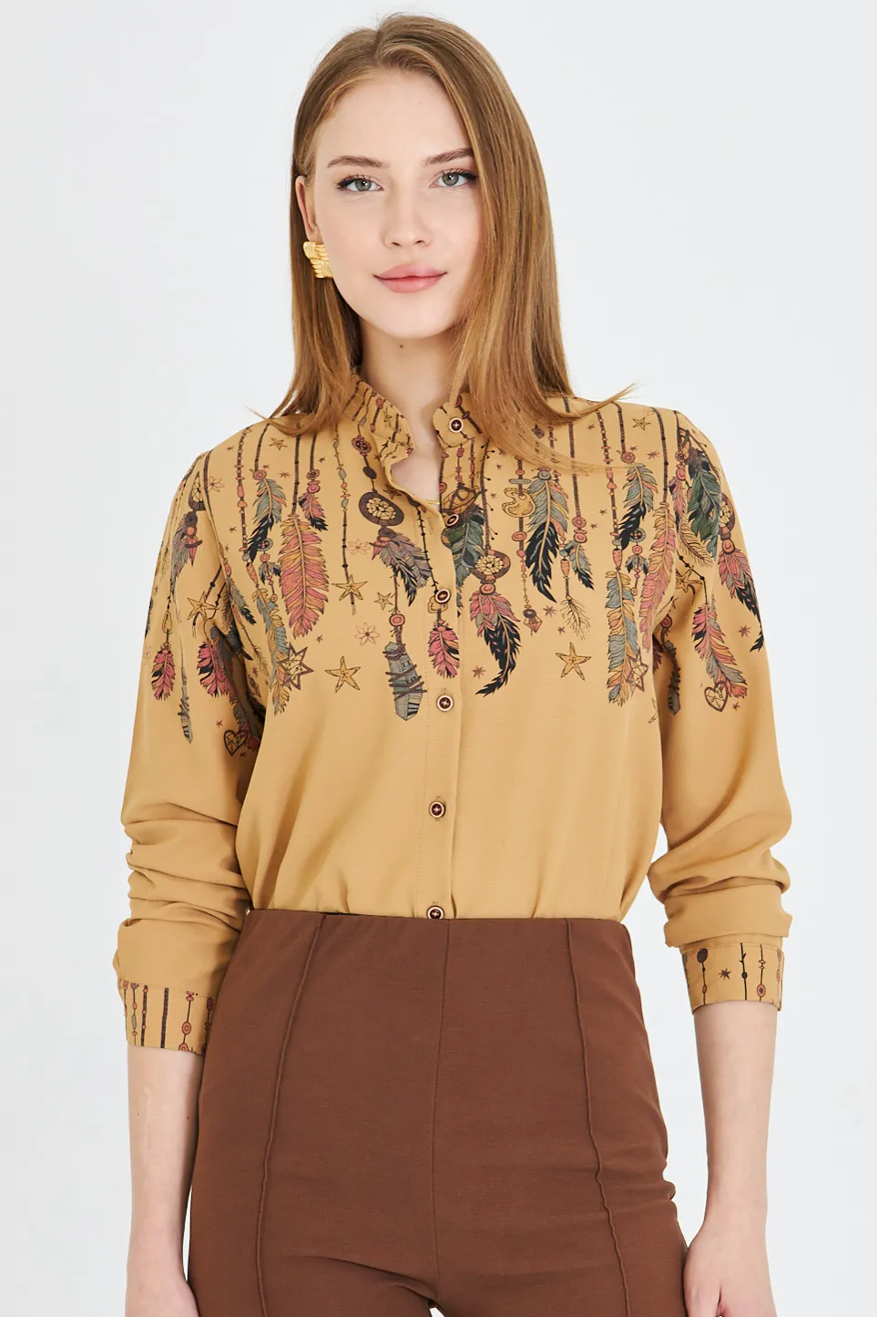 ARM-25Y001013 Camel Hakim Yaka Desenli Gömlek