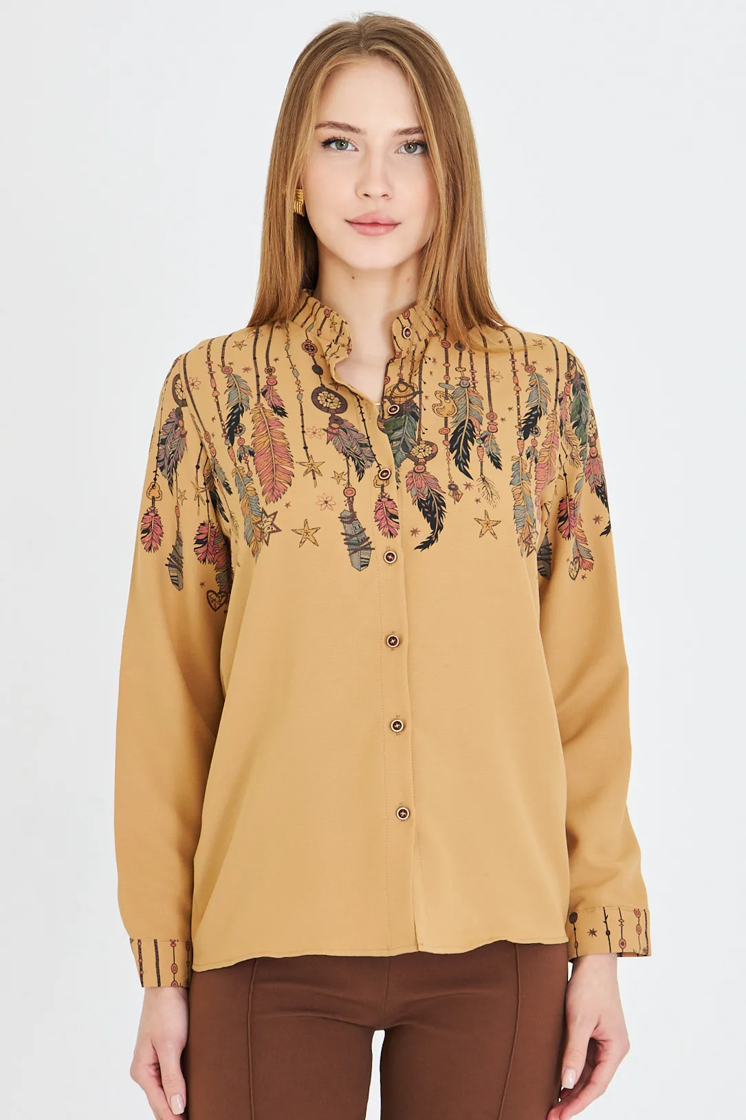 ARM-25Y001013 Camel Hakim Yaka Desenli Gömlek