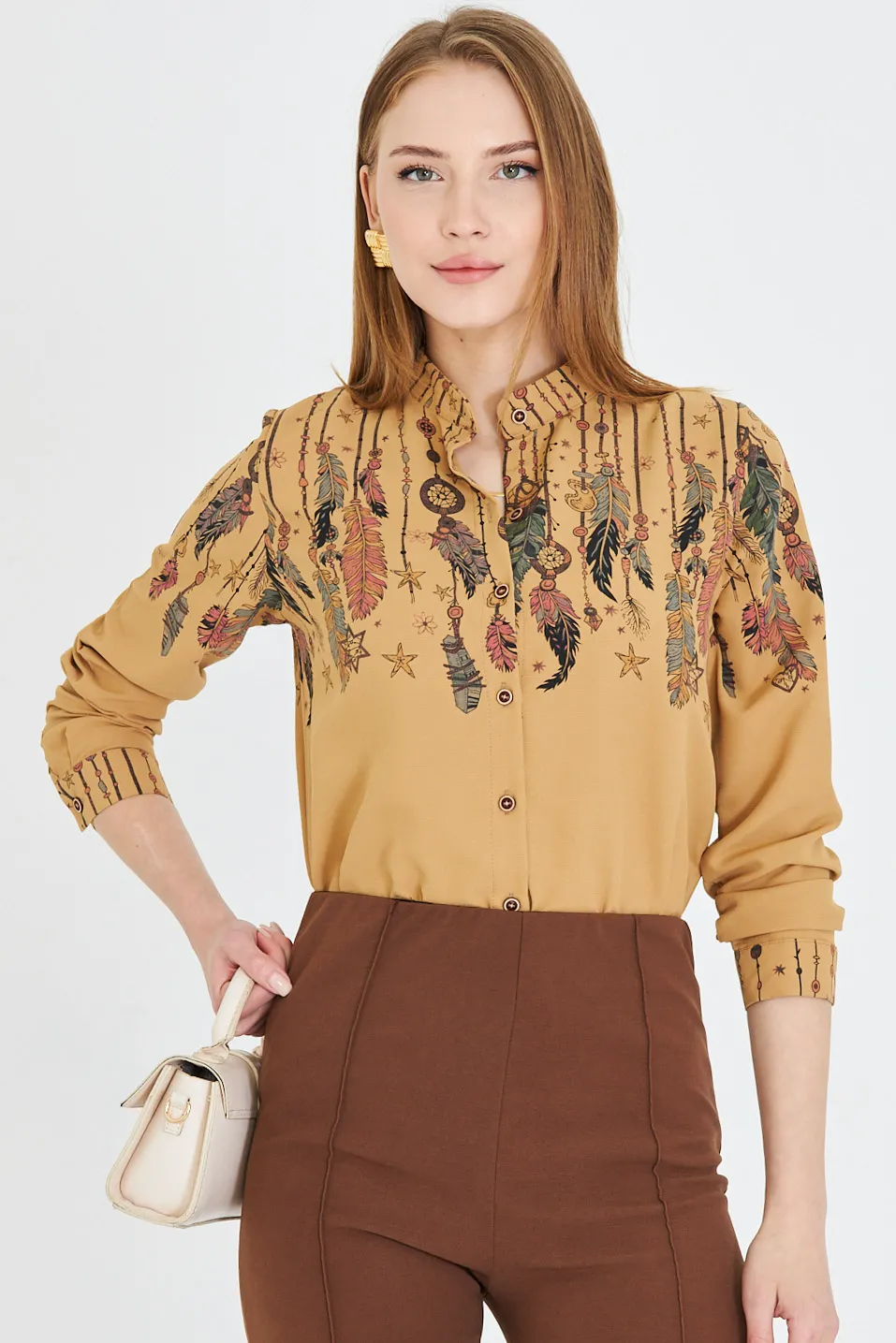 ARM-25Y001013 Camel Hakim Yaka Desenli Gömlek