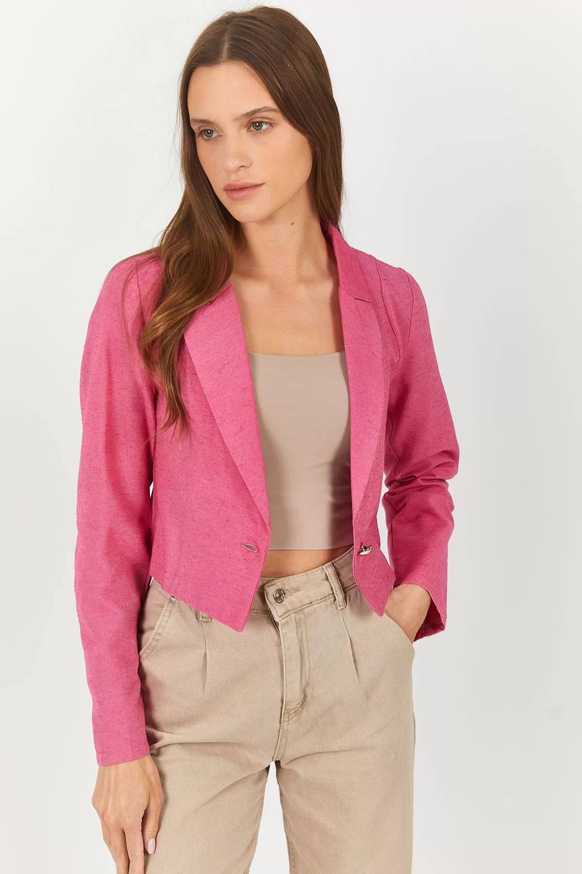 ARM-23Y001064 Fuşya Tek Düğmeli Crop Ceket