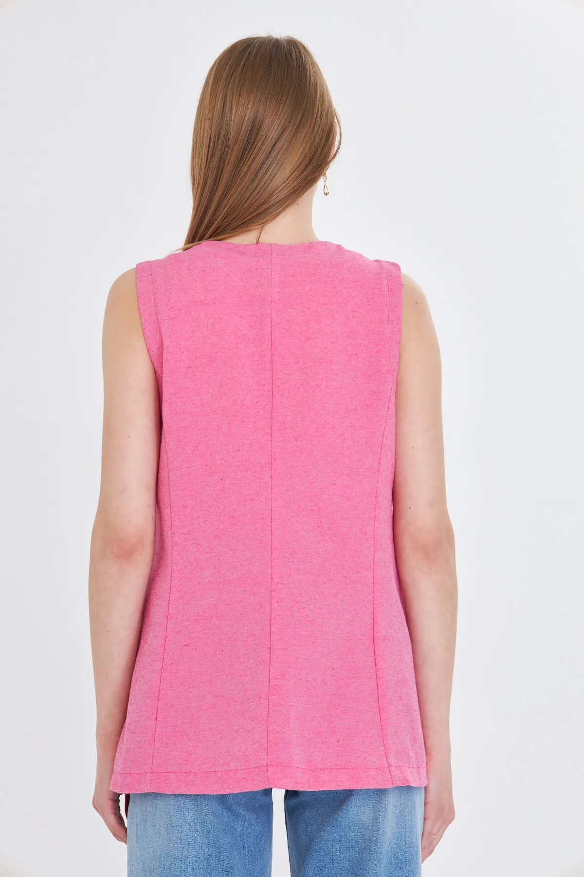 ARM-25Y001036 Fuşya V Yaka Tek Düğme Oversize Yelek