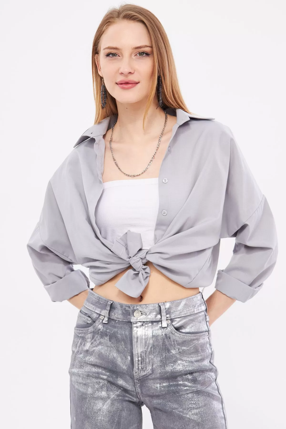 ARM-22Y001118 Gri Oversize Uzun Basic Gömlek