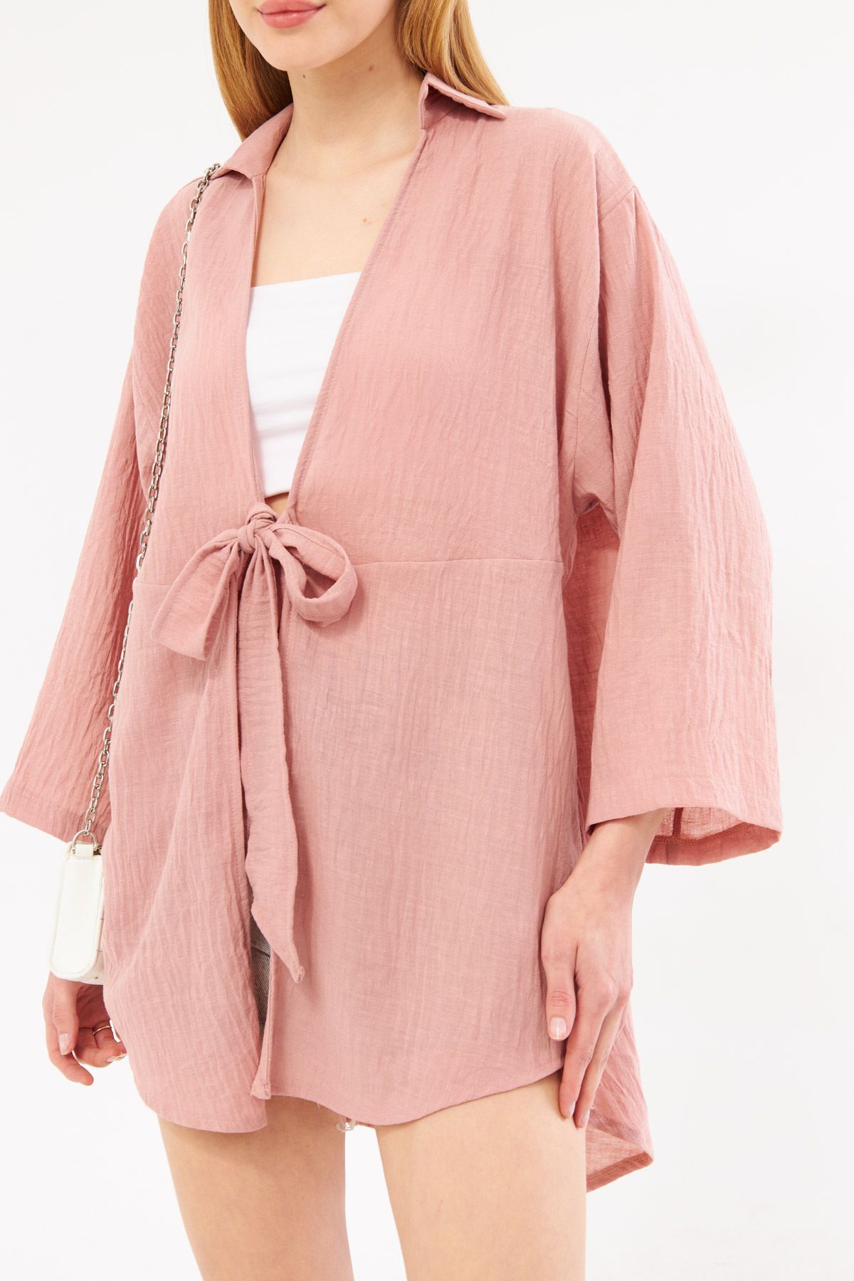 ARM-24Y001063 Gül Kurusu Keten Görünümlü Önden Bağlamalı Kimono Gömlek