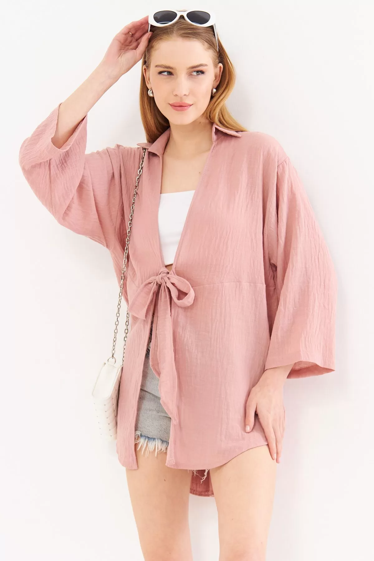 ARM-24Y001063 Gül Kurusu Keten Görünümlü Önden Bağlamalı Kimono Gömlek