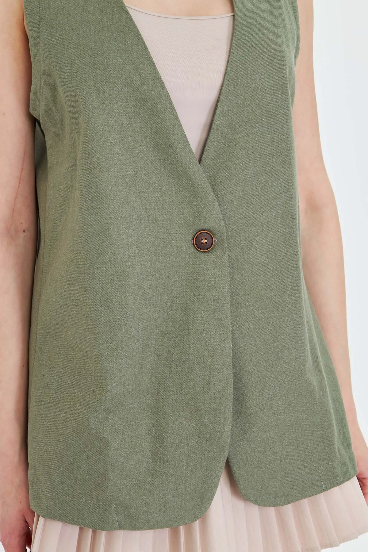 ARM-25Y001036 Haki V Yaka Tek Düğme Oversize Yelek