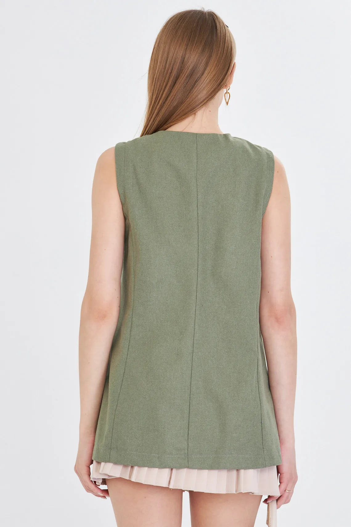 ARM-25Y001036 Haki V Yaka Tek Düğme Oversize Yelek