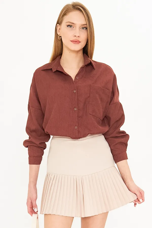 ARM-24K001076 Kahve Cepli Oversize İnce Fitilli Kadife Gömlek