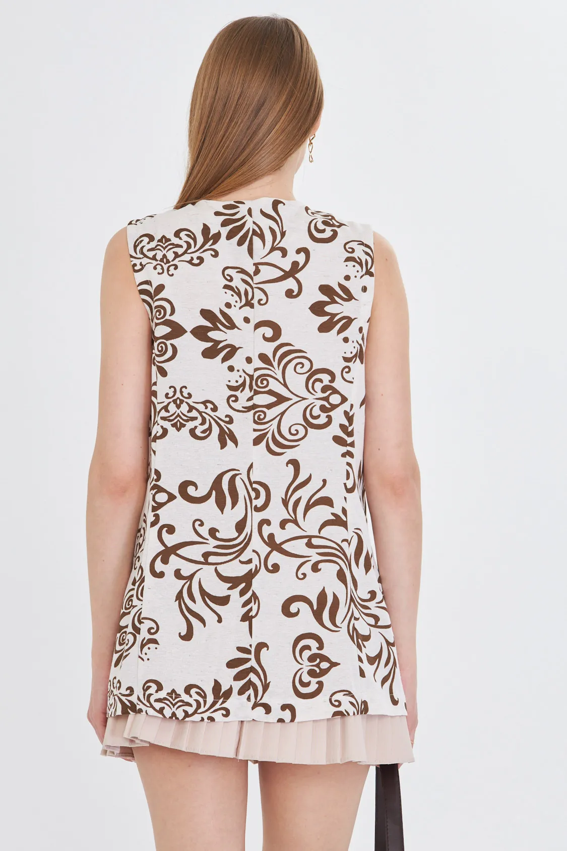 ARM-25Y001032 Kahve V Yaka Tek Düğme Oversize Desenli Yelek