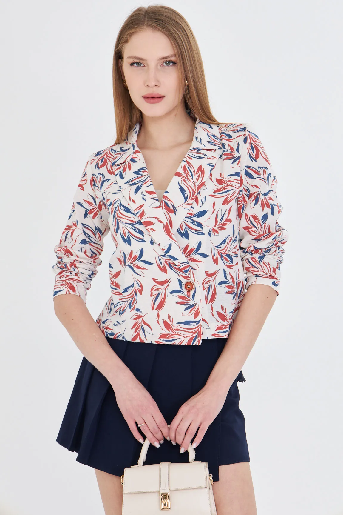 ARM-24Y001058 Kiremit Kruvaze Yaka Desenli Crop Ceket