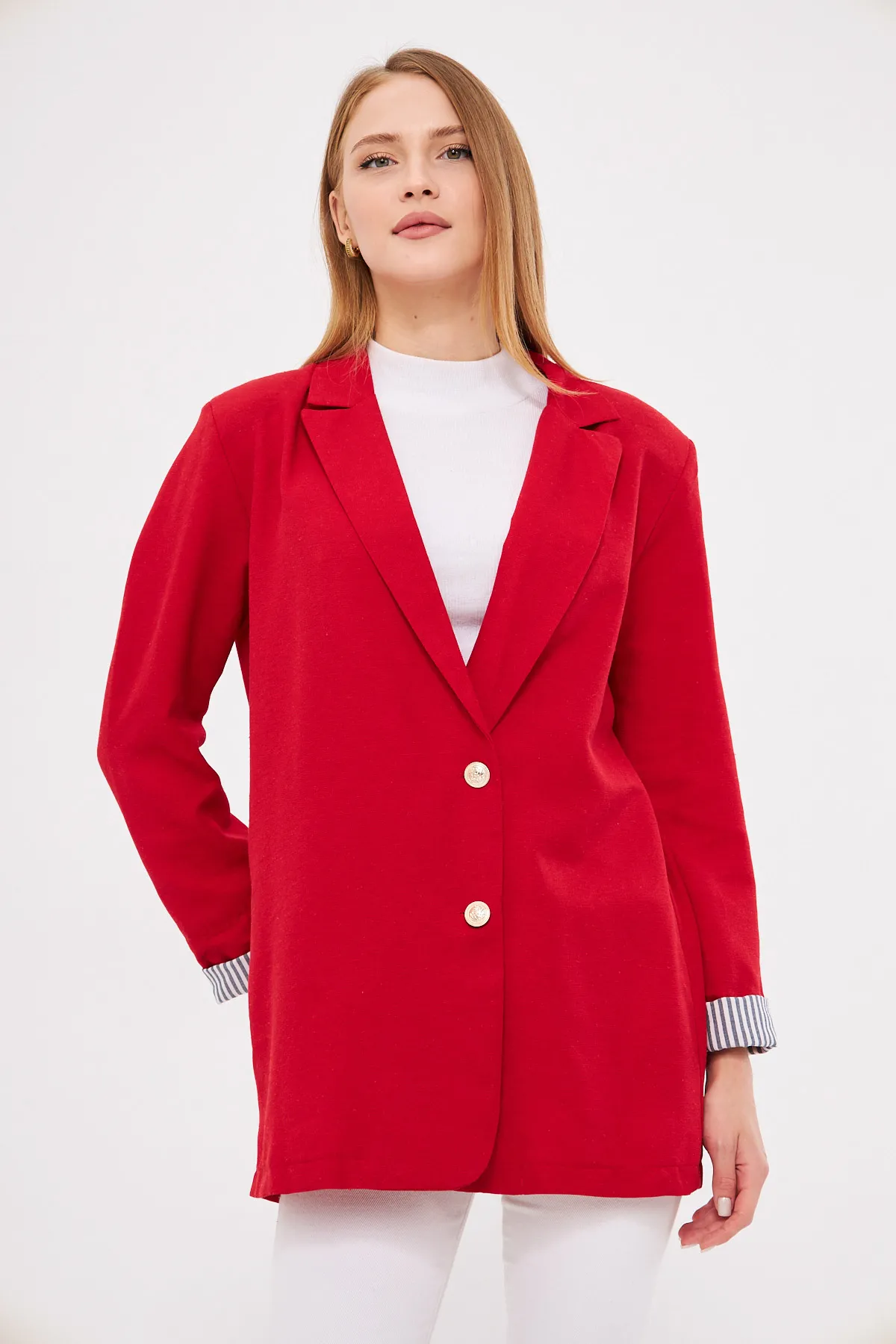 ARM-25K001015 Kırmızı Kruvaze Yaka Kolu Katlama Detaylı Oversize Vatkalı Blazer Ceket
