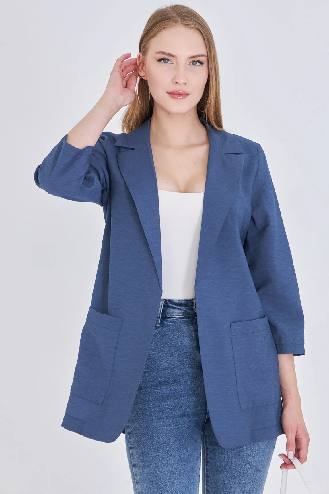ARM-25Y001064 Koyu Mavi Cepli Oversize Ceket