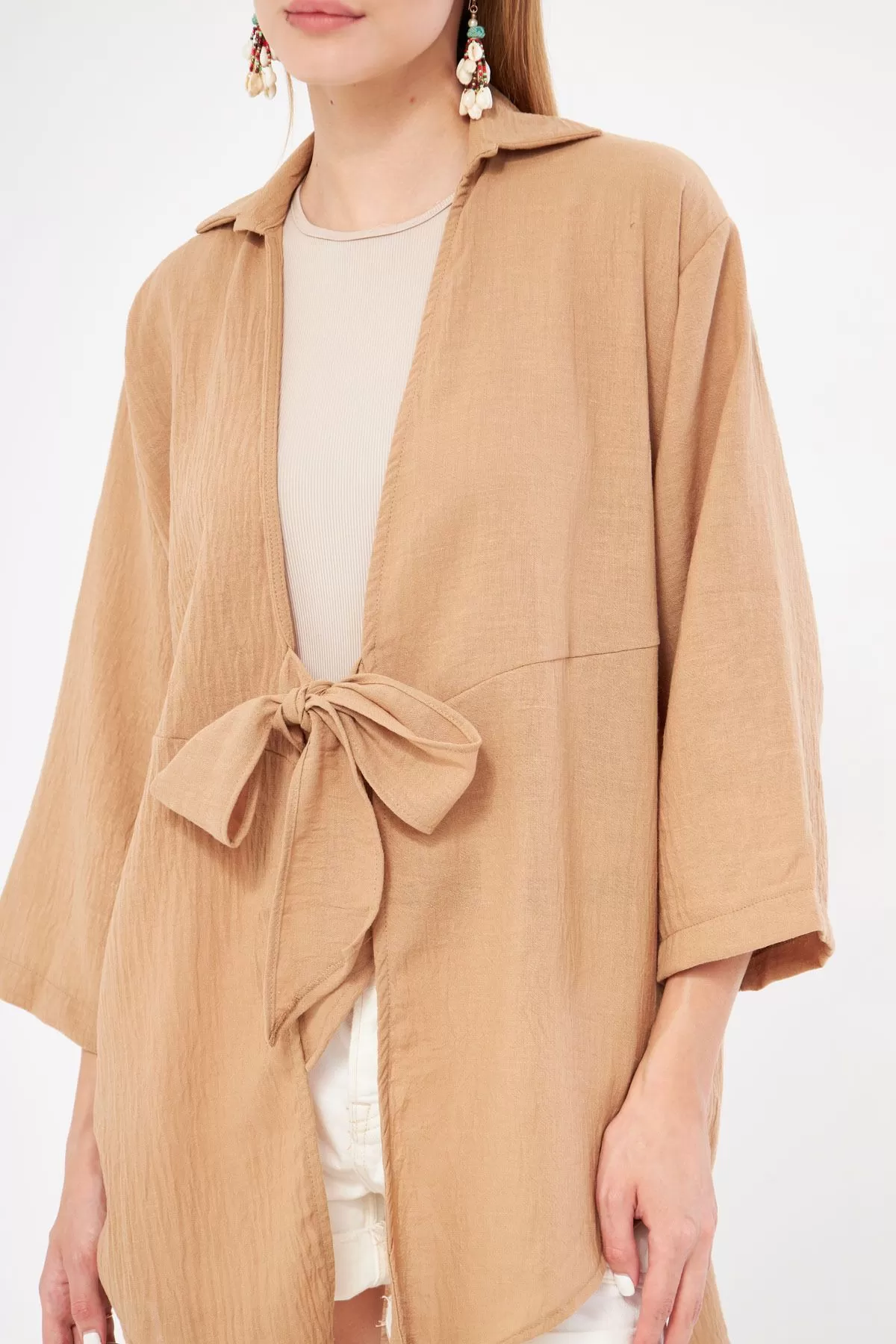 ARM-24Y001063 Koyu Vizon Keten Görünümlü Önden Bağlamalı Kimono Gömlek