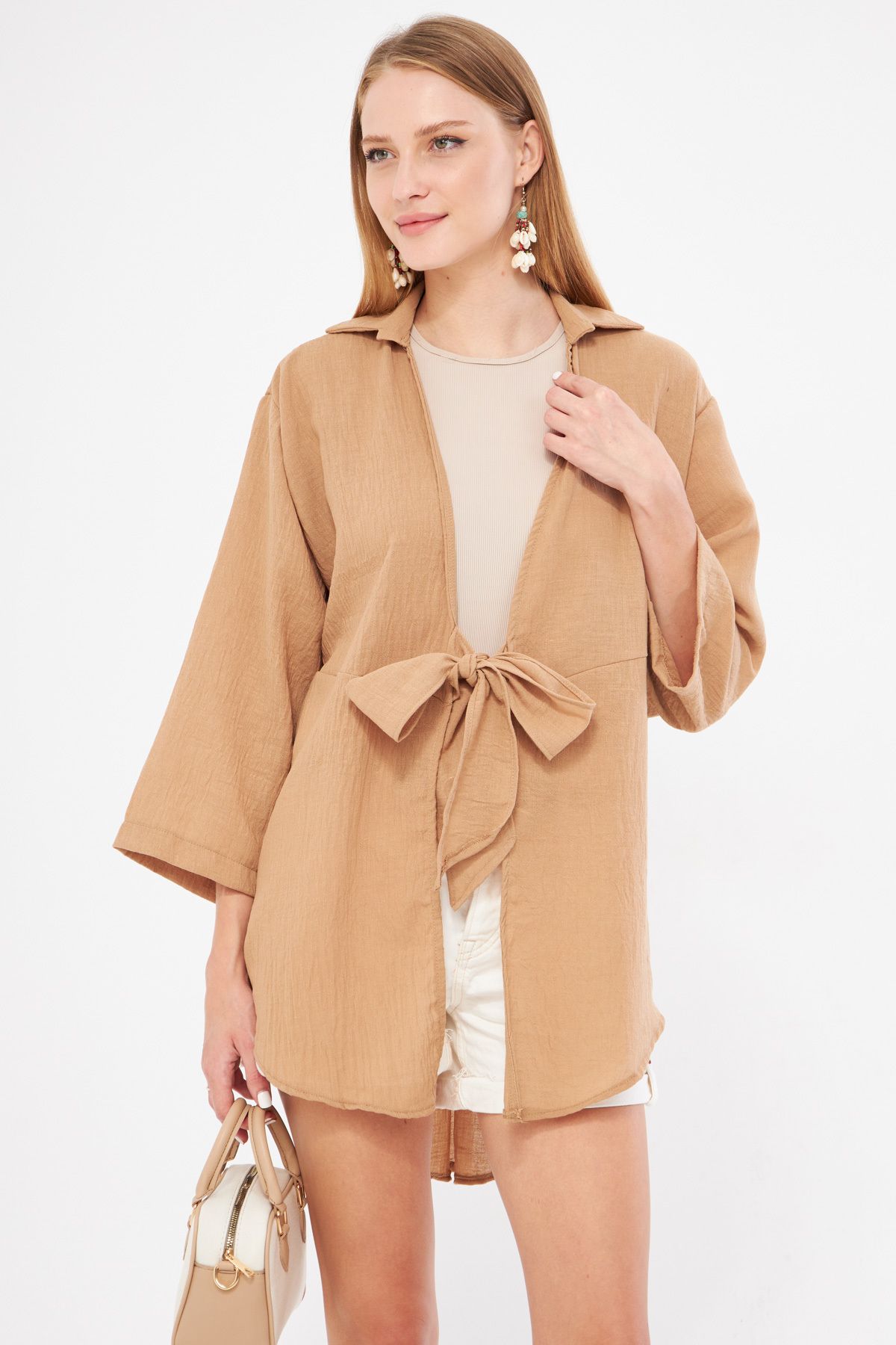ARM-24Y001063 Koyu Vizon Keten Görünümlü Önden Bağlamalı Kimono Gömlek