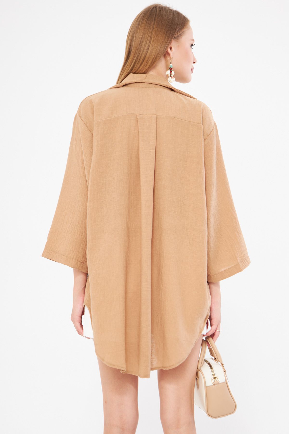 ARM-24Y001063 Koyu Vizon Keten Görünümlü Önden Bağlamalı Kimono Gömlek