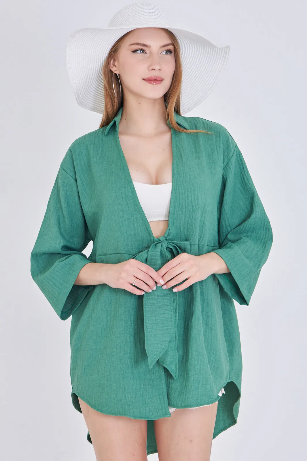 ARM-24Y001063 Koyu Yeşil Keten Görünümlü Önden Bağlamalı Kimono Gömlek