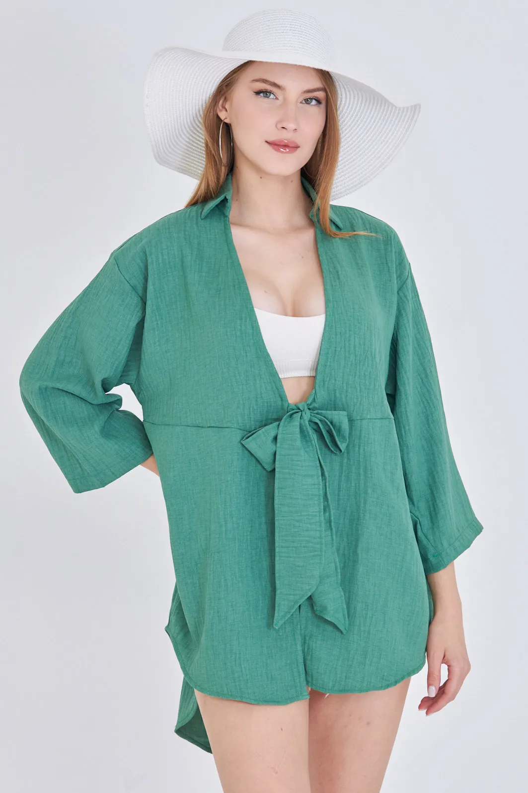 ARM-24Y001063 Koyu Yeşil Keten Görünümlü Önden Bağlamalı Kimono Gömlek