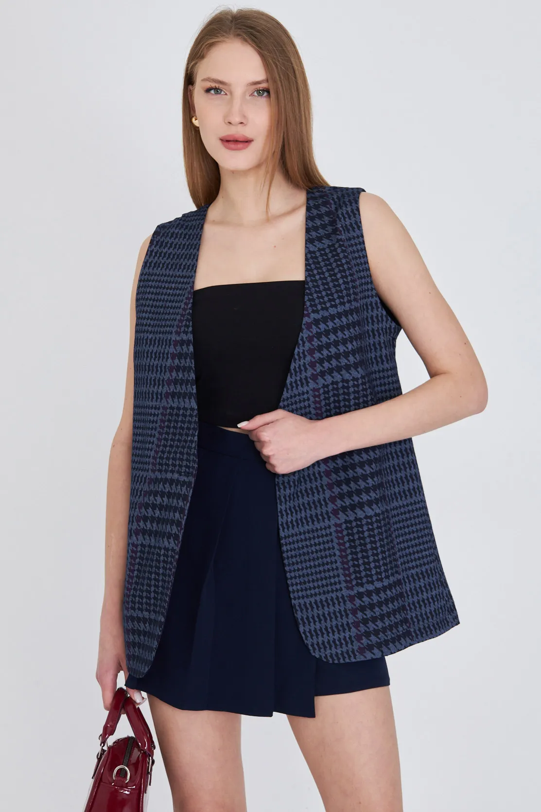 ARM-25Y001032 Lacivert V Yaka Tek Düğme Oversize Desenli Yelek
