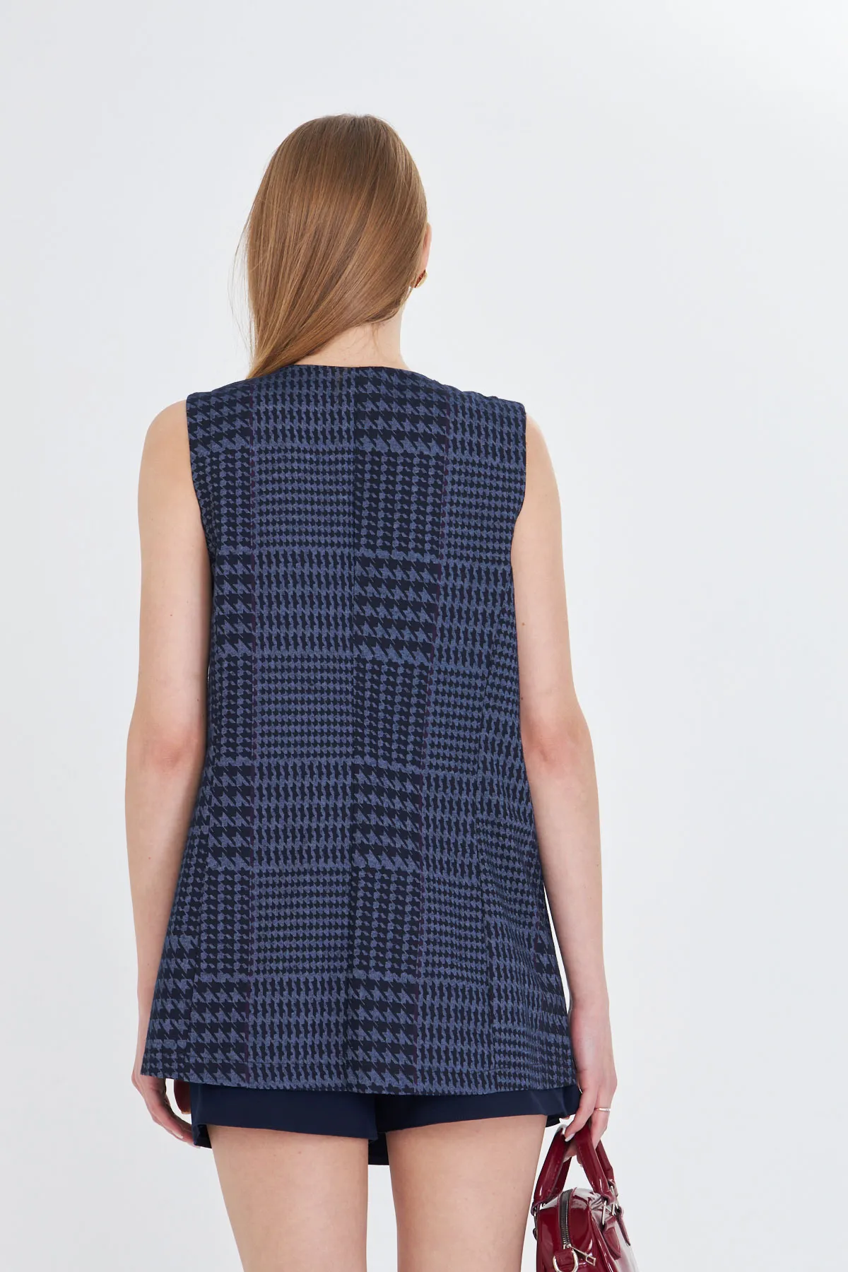 ARM-25Y001032 Lacivert V Yaka Tek Düğme Oversize Desenli Yelek