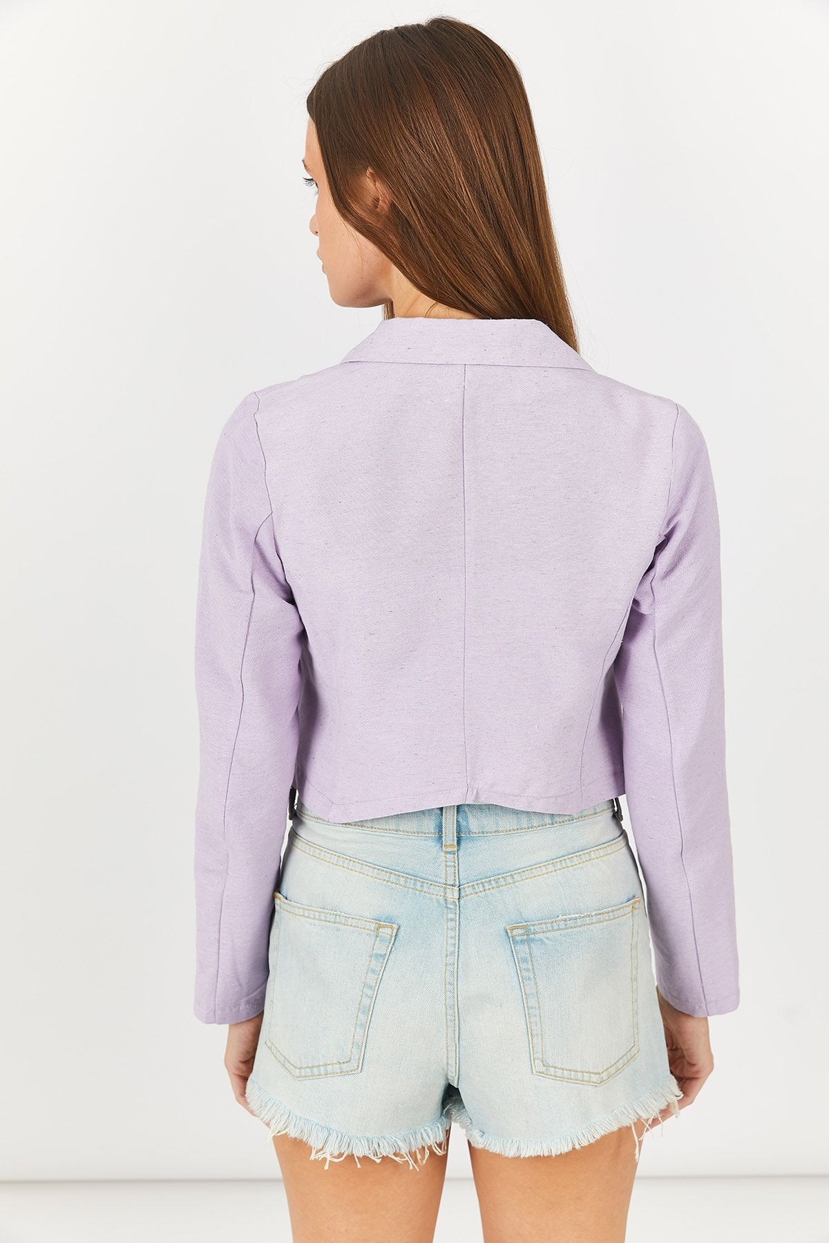 ARM-23Y001064 Lila Tek Düğmeli Crop Ceket
