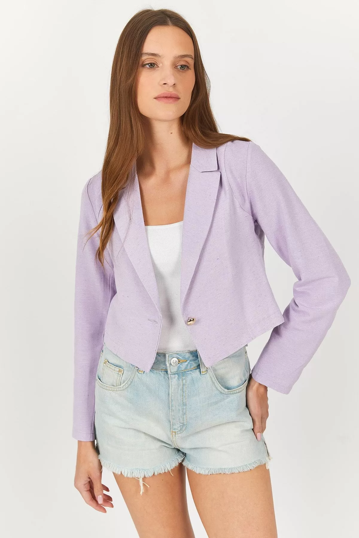 ARM-23Y001064 Lila Tek Düğmeli Crop Ceket