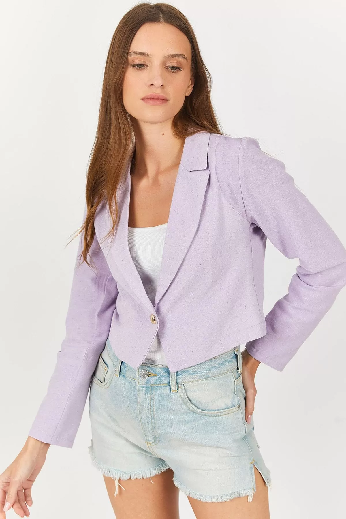ARM-23Y001064 Lila Tek Düğmeli Crop Ceket