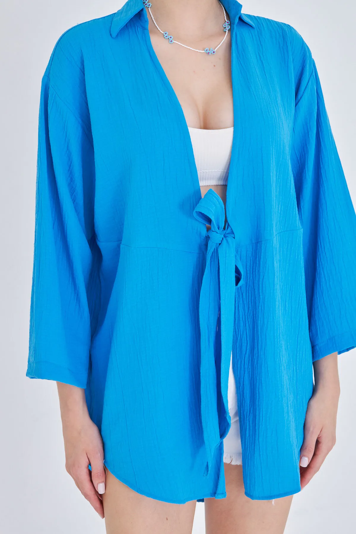 ARM-24Y001063 Mavi Keten Görünümlü Önden Bağlamalı Kimono Gömlek