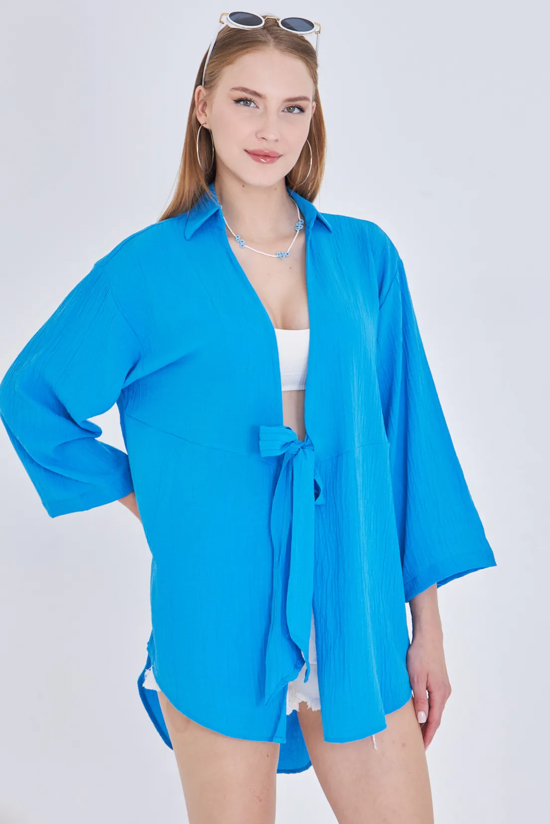 ARM-24Y001063 Mavi Keten Görünümlü Önden Bağlamalı Kimono Gömlek