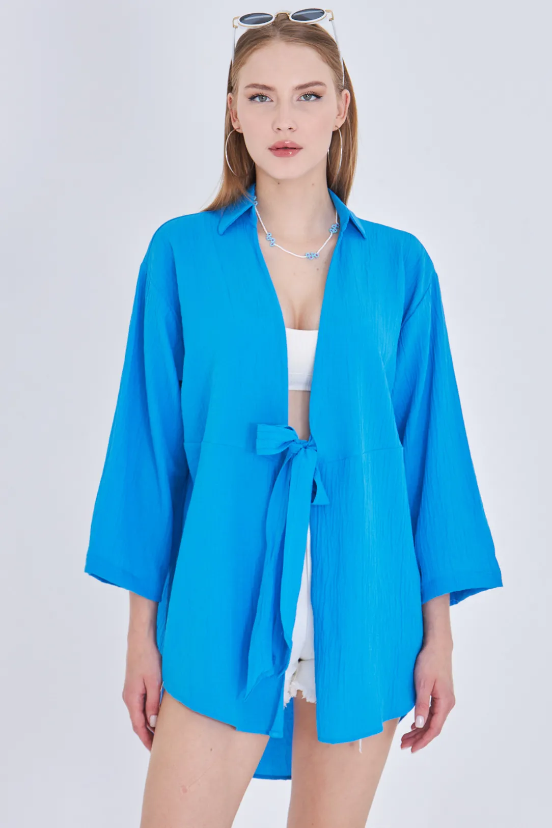 ARM-24Y001063 Mavi Keten Görünümlü Önden Bağlamalı Kimono Gömlek