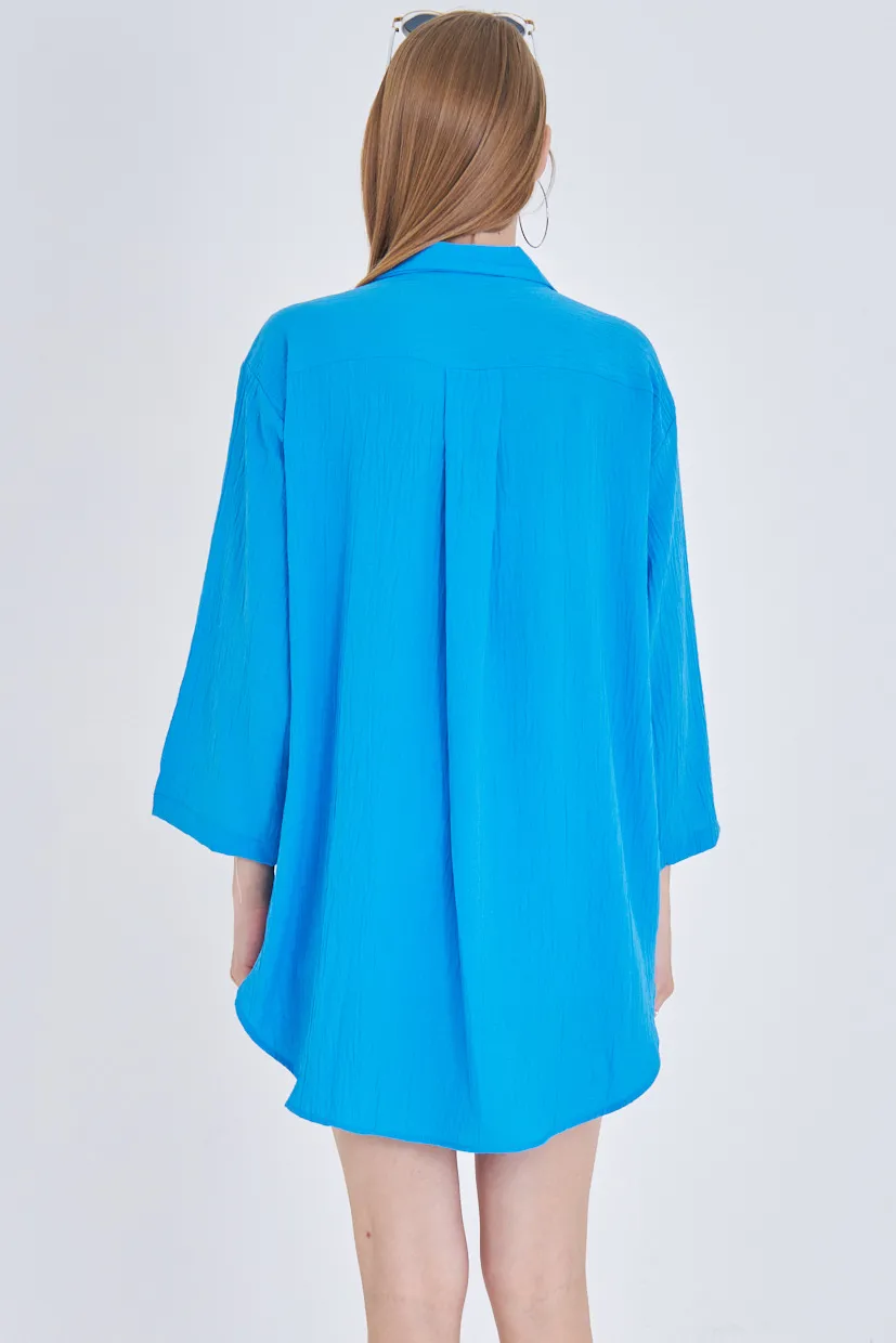 ARM-24Y001063 Mavi Keten Görünümlü Önden Bağlamalı Kimono Gömlek