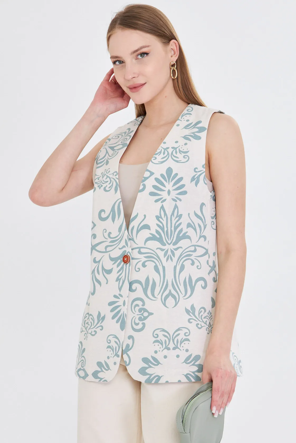 ARM-25Y001032 Mint V Yaka Tek Düğme Oversize Desenli Yelek