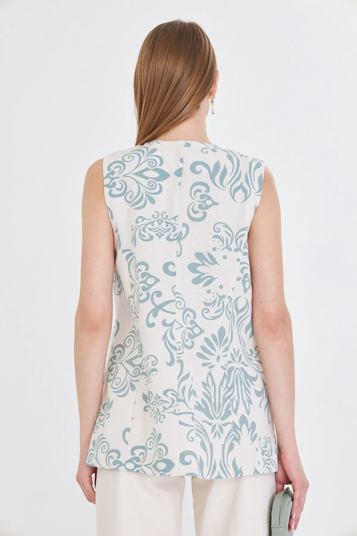 ARM-25Y001032 Mint V Yaka Tek Düğme Oversize Desenli Yelek