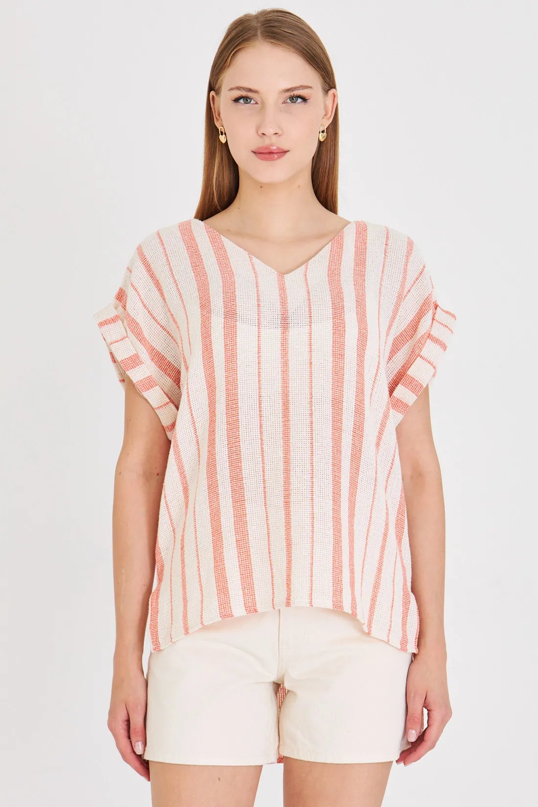 ARM-25Y001056 Oranj V Yaka Yanları Yırtmaçlı Arkası Uzun Duble Kol Detaylı Oversize Bluz