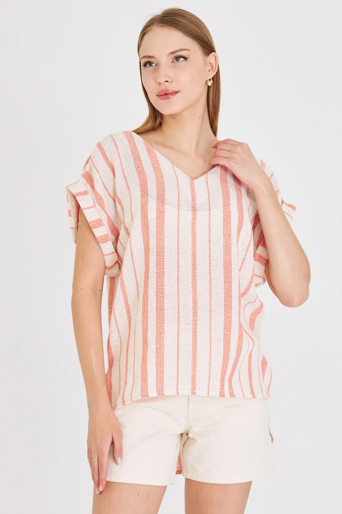 ARM-25Y001056 Oranj V Yaka Yanları Yırtmaçlı Arkası Uzun Duble Kol Detaylı Oversize Bluz