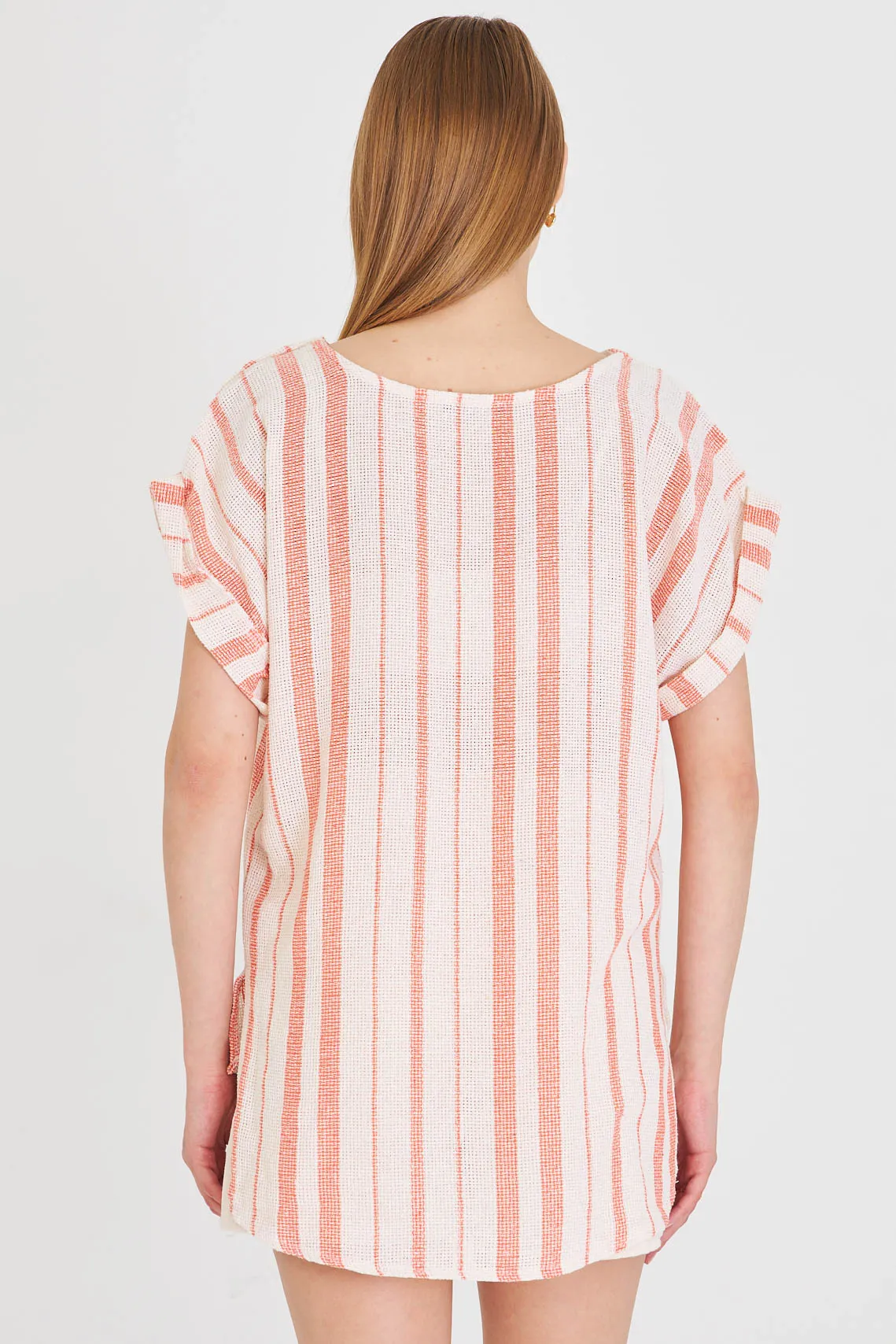 ARM-25Y001056 Oranj V Yaka Yanları Yırtmaçlı Arkası Uzun Duble Kol Detaylı Oversize Bluz