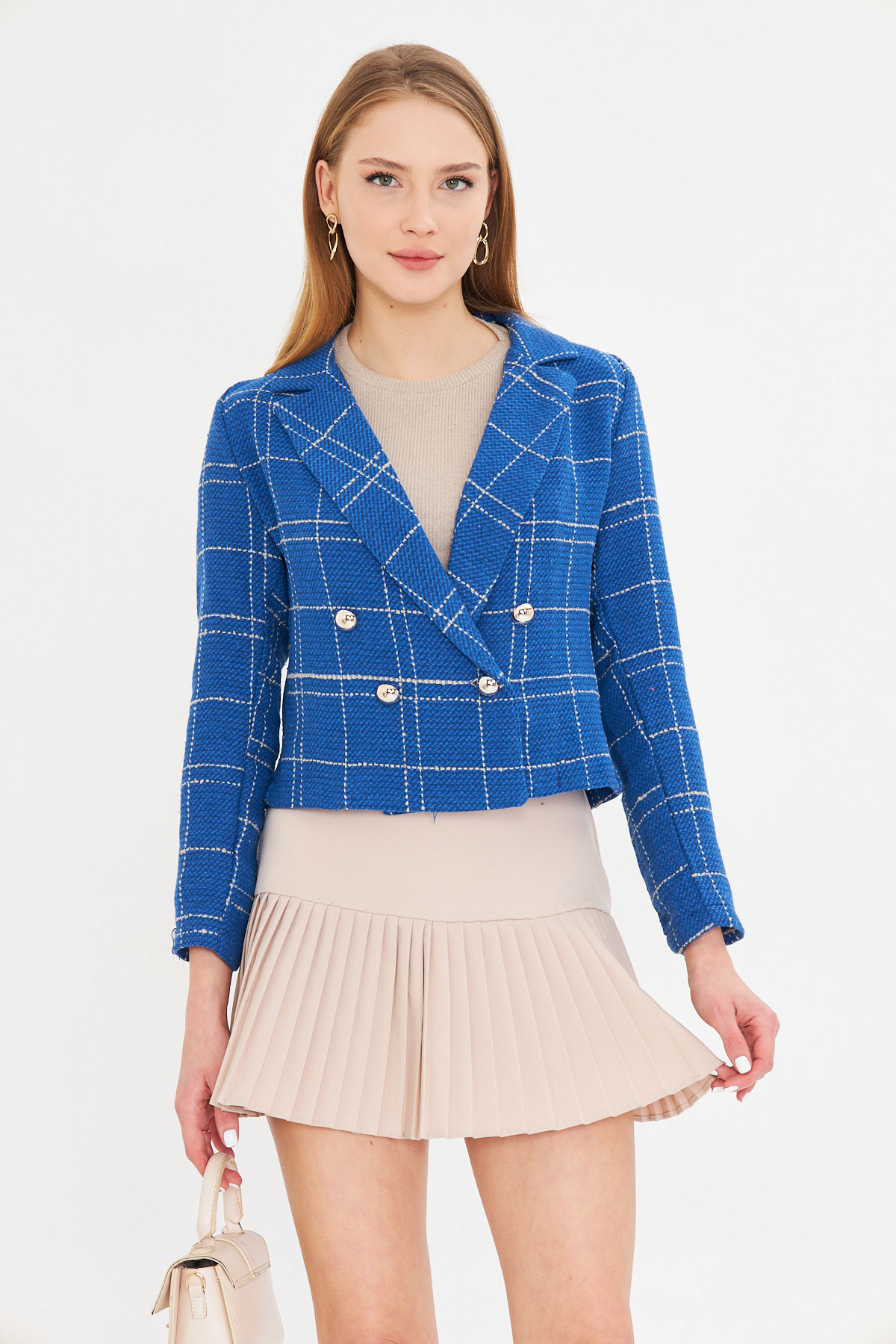 ARM-24K001014 Saks-Bej Kruvaze Yaka Tüvit Crop Ceket