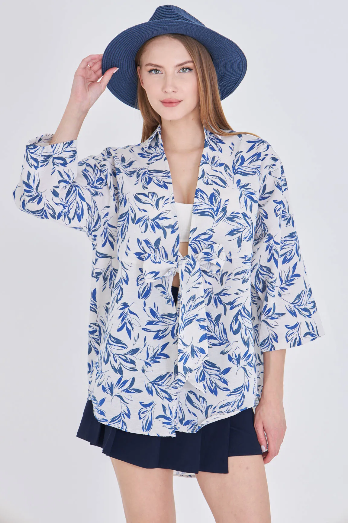 ARM-24Y001079 Saks-Ekru Desenli Keten Görünümlü Önden Bağlamalı Kimono Gömlek