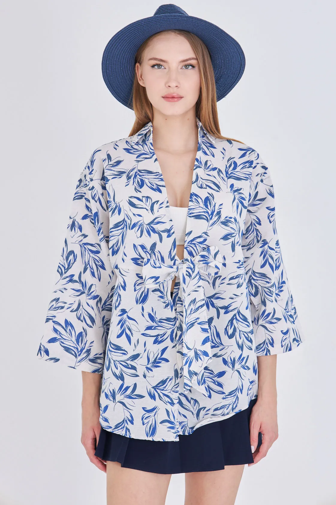 ARM-24Y001079 Saks-Ekru Desenli Keten Görünümlü Önden Bağlamalı Kimono Gömlek